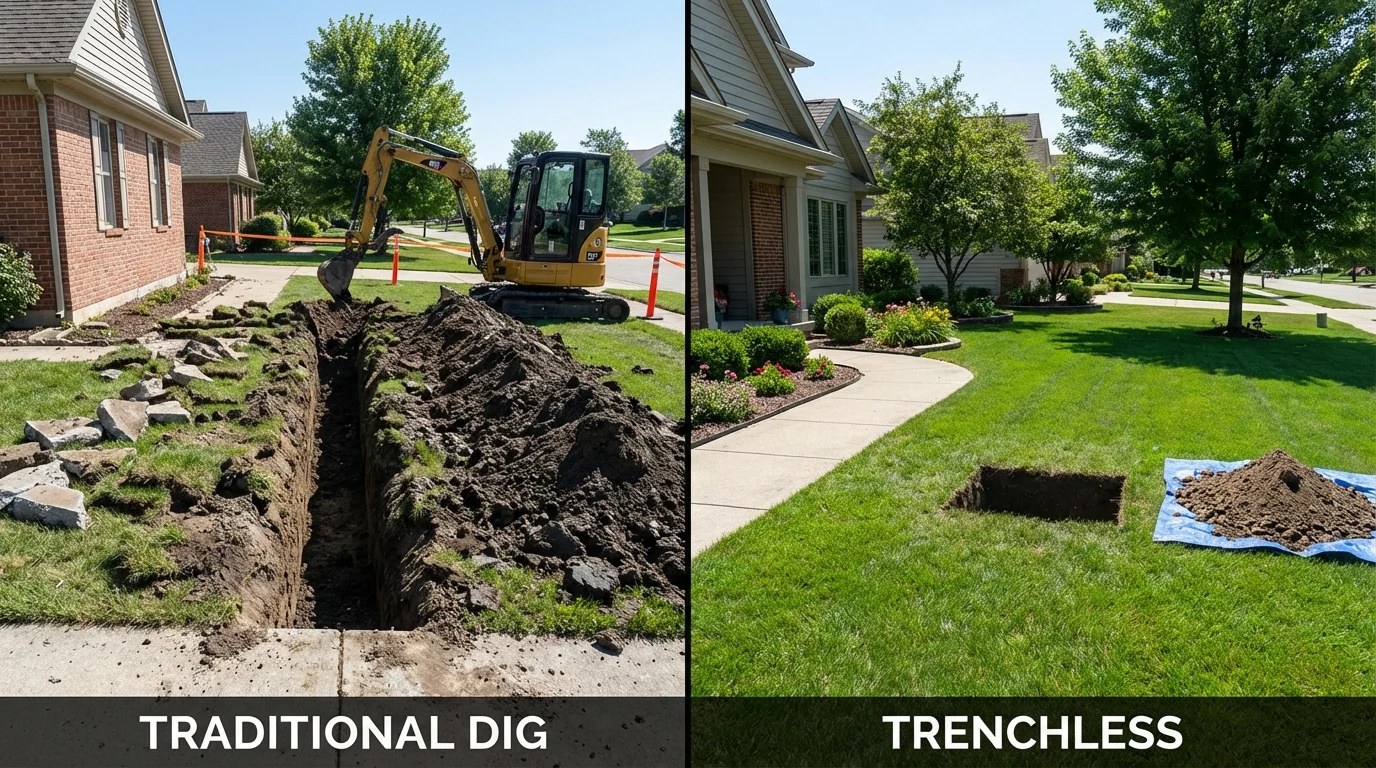 Trenchless sewer repair with minimal yard damage versus traditional excavation in Rochester, IN
