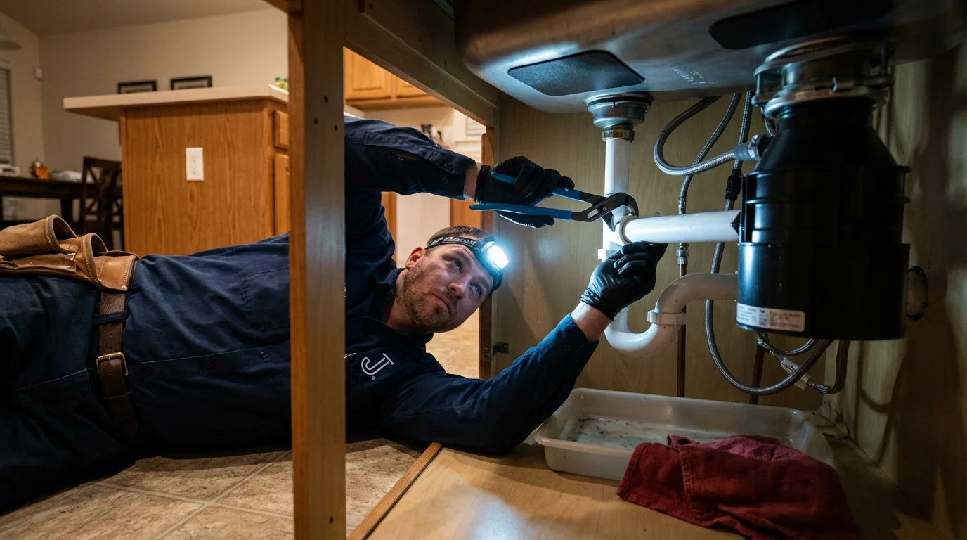 P-trap and supply line connections under a kitchen sink showing a common leak point in Rochester, IN